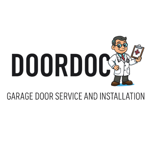 DoorDoc logo with cartoon doctor mascot for garage door service