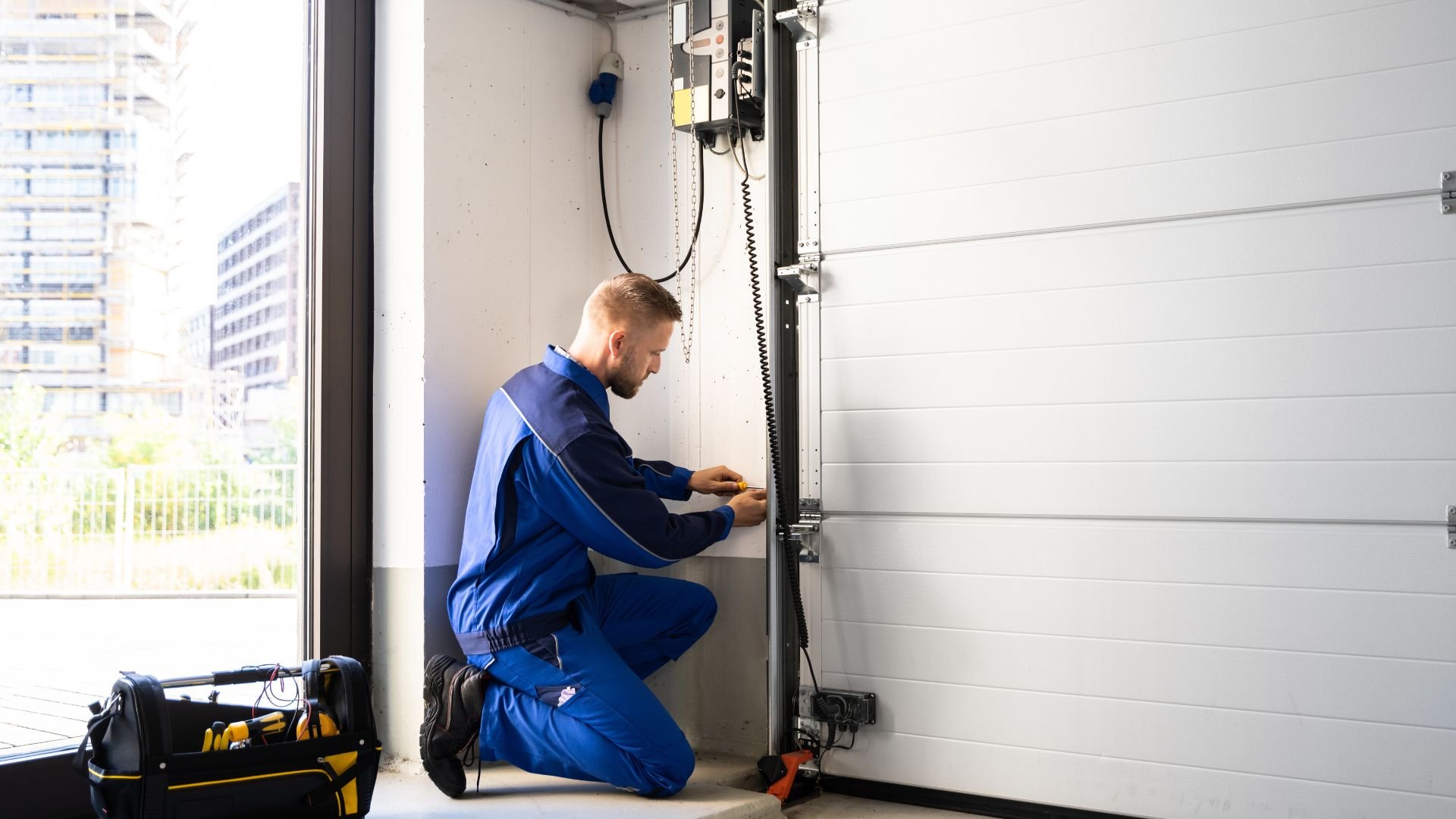 Technician in blue uniform repairing industrial equipment near window